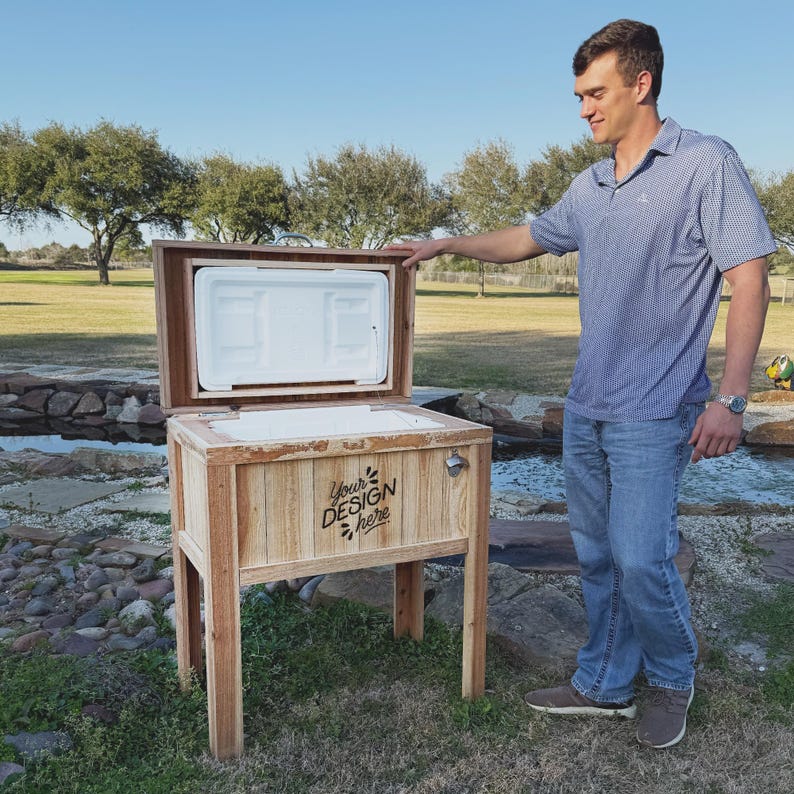Personalized 48 qt wood cooler. Excellent patio accessory item! NEW DESIGN image 5