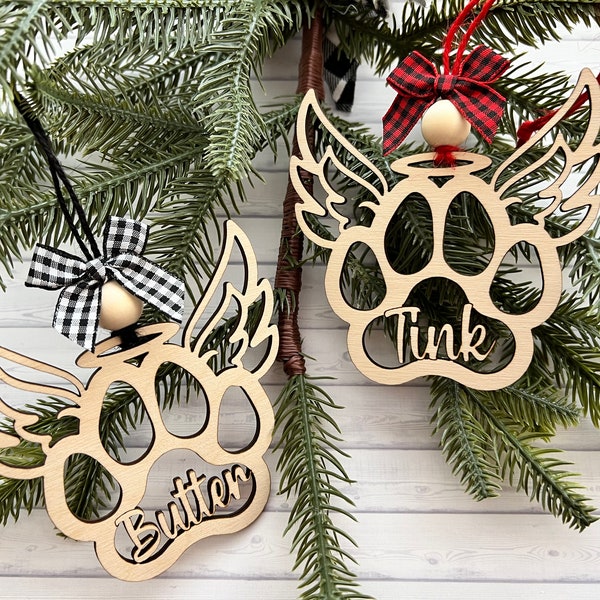 Pet Angel Paw Ornament, Angel Wings Pet loss Ornament, Christmas Dog Memorial Gift, Personalized Wood Tree Decorations, Pet Paw With Wings