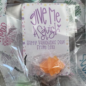 May include: A Valentine's Day card with a purple heart and stars on a white background. The card says "Give Me A Squish" and "Happy Valentine's Day! From: Lexi". A small orange squishy toy is included.