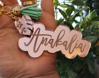 Rose Gold Mirror Acrylic Name Keychain, Custom KeyRing, Personalized Bridal, Baby Shower, Party Favors & Birthday Gifts. Monstera Plant Love
