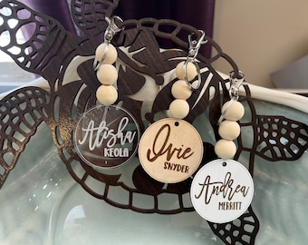 Personalized Engraved Wood Bead Keychain, Backpack Name Tag, Boho Purse Tag, Lunchbox Name Clip, Custom Diaper Bag Name Keyring, Name Tassel