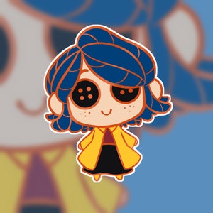 May include: A sticker featuring a cartoon illustration of a character with blue hair, button eyes, and a yellow coat. The character has a small smile and freckles. The sticker has a white border and is set against a blurred background.