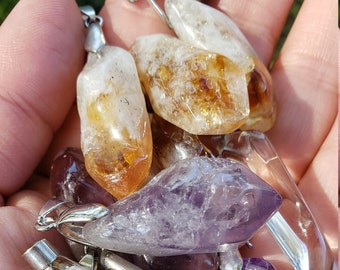 Natural Citrine, Clear Quartz and Amethyst Pendants, Free Black Cord Necklace