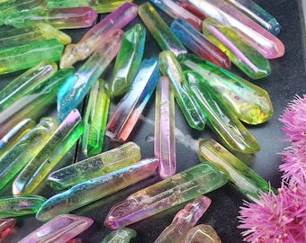 6pc Rainbow Angel Aura Quartz Crystal Points: Polished Terminated Wands