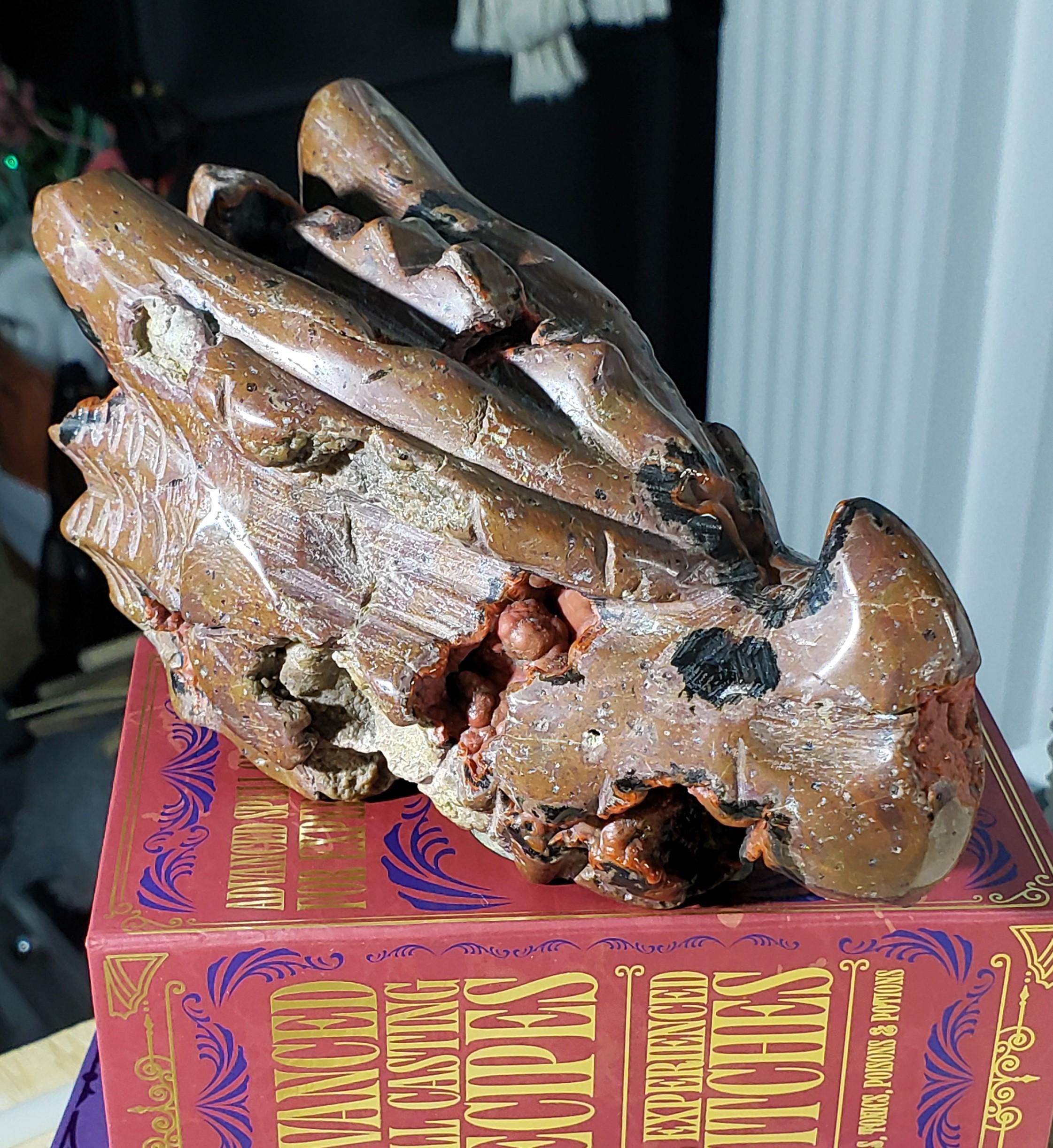 1lb Red Fox Druzy Agate & Jasper Lava Dragon Head Carving, Dragon
