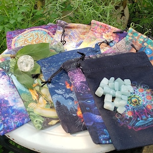 Kristallen, kruiden, sieradenhouder, tarot, orakelkaarthouder, grote tas met trekkoord, dik fluweelachtig materiaal