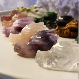 May include: A row of seven dragon head carvings made from various types of crystal, including amethyst, rose quartz, clear quartz, and tiger's eye.