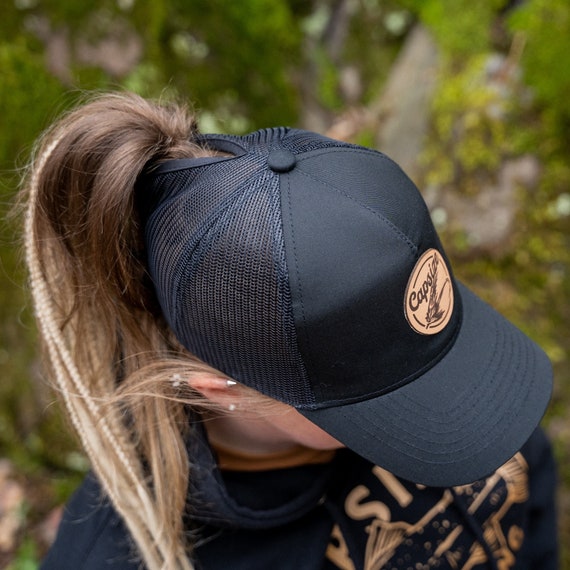 Leather Fly Women Ponytail Trucker Hat Capsize Fly Fishing 