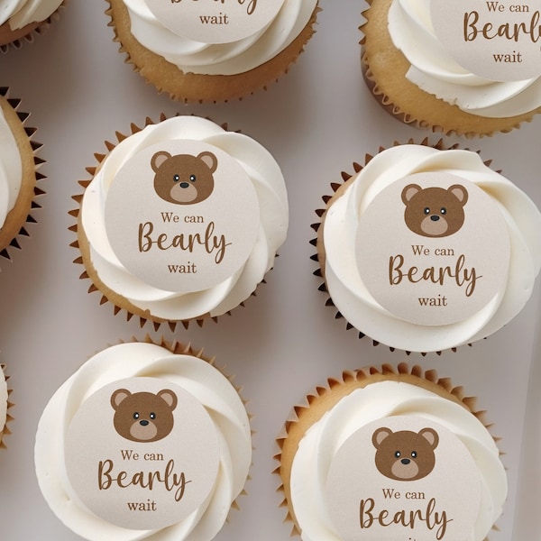 cute bear cupcake cardstock toppers, round beige neutral baby shower cupcake toppers,we can bearly wait, baby shower,bear themed baby shower