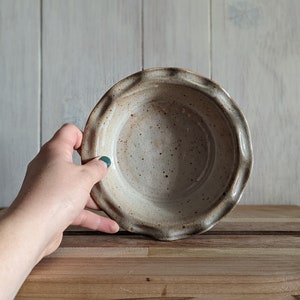 mini ceramic pie dish with nimbus shino glaze and hand ruffled edges