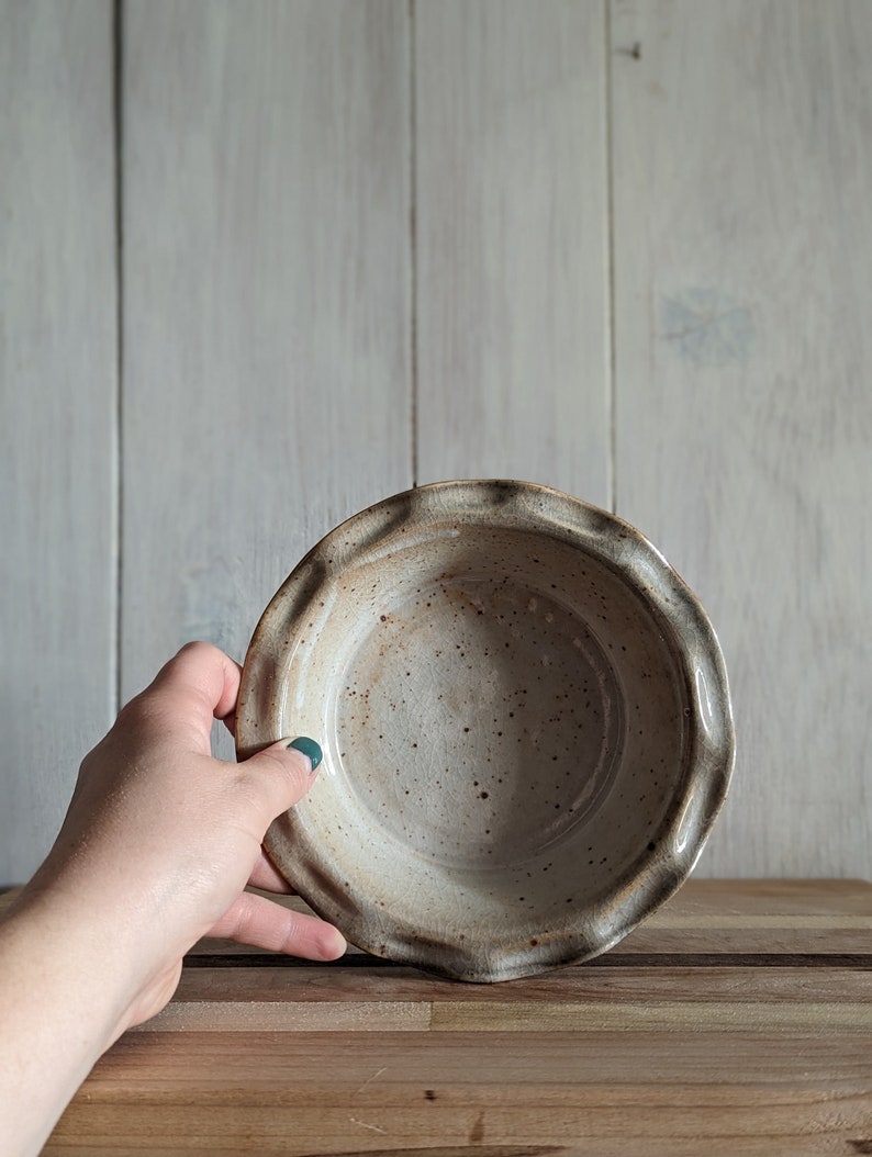 mini ceramic pie dish with nimbus shino glaze and hand ruffled edges