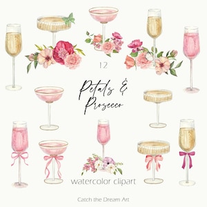 Clipart de acuarela de pétalos y prosecco - Coqueta Vino espumoso Champán rosado Bebida Flores rosas Cóctel Despedida de soltera Despedida de soltera Bar png