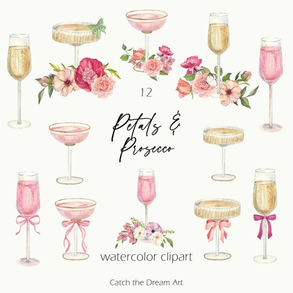 Petals & Prosecco Watercolor Clipart - Coquette Sparkling Wine Rose Champagne Drink Pink Flowers Cocktail Bachelorette Bridal Shower Bar png