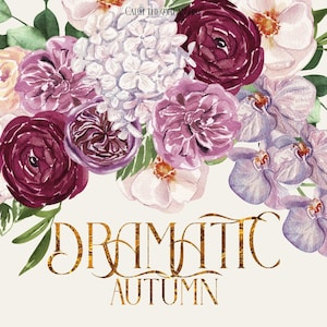 Dramatic Autumn Flowers Watercolor Clipart Set Fall Bouquets Floral Arrangements Harvest Composition Gold Floral Frames Alphabet Pumpkin PNG