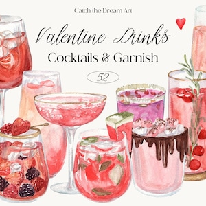 Clipart di cocktail di San Valentino con acquerello, miscela di alcol rosa, guarnizione per drink, margarita, aperol, cioccolata calda, martini, punch per feste, frizzante, mocktail, menu del bar