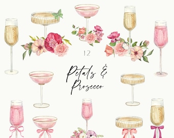 Watercolor Prosecco Clipart – Pink Flowers, Champagne, Bridal Shower (PNG)