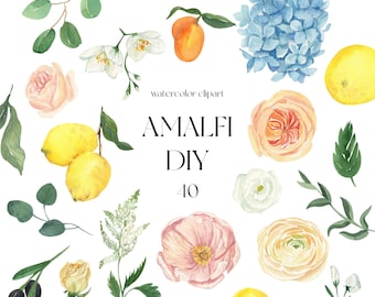 May include: Watercolor clipart featuring lemons, peaches, flowers, and greenery. The text "Amalfi DIY 40" is written in black on a white background. The text "Catch the Dream Art" is written in black at the bottom of the image.