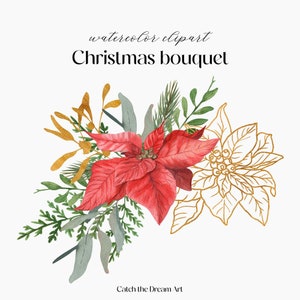 Aquarela Buquê de Poinsétias de Natal Clipart Delicado Arranjo Floral de Inverno Flor Vermelha Abeto Verde Ouro Azevinho Cartão de Natal Casamento png
