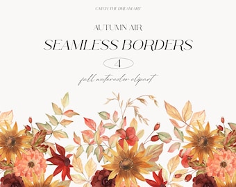 May include: A seamless border design featuring watercolor illustrations of fall foliage, sunflowers, and berries in shades of red, orange, yellow, and brown. The design is perfect for adding a touch of autumn to your crafts and projects.