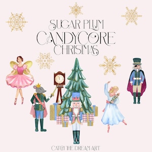 Sugarplum Candycore Christmas Watercolor Clipart - Schiaccianoci Fairytale Christmas Ornaments Snowflake Wreath Evergreen Seamless Border png