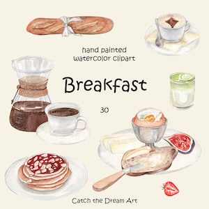 Clipart de comida de café da manhã em aquarela - Panquecas de café, ovos e queijo, pão com manteiga, matcha, affogato, brunch de domingo, cardápio de café