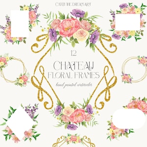 Könnte beinhalten: Zwölf Aquarell-Blumenrahmen mit goldenen Glitzerakzenten. Die Rahmen sind mit rosa, weißen und lila Blumen verziert. Der Text "Chateau Floral Frames" ist in Schwarz geschrieben.