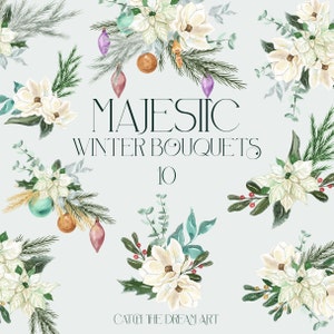 Majestosos buquês de inverno em aquarela Clipart Arranjos florais de Natal Poinsétia branca Magnólia Prata Ouro Verdura Azevinho Convite png