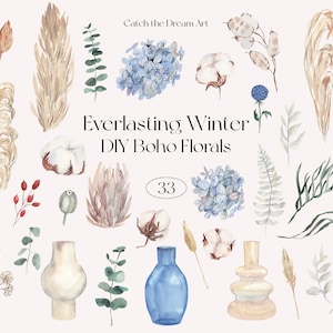 Aquarelle Hiver Boho Florals Clipart DIY Fleurs à feuilles persistantes Verdure Coton Beige Pampas Herbe Séchée Protea Bleu Hortensia Eucalyptus png