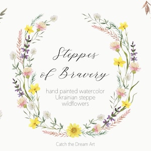 Clipart aquarelle de fleurs sauvages - steppes de la bravoure été ukrainien prairie sauvage beige fleurs herbes cadre motif couronne de fleurs délicates png