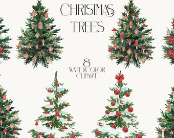 Watercolor Christmas Trees Clipart, Winter Holiday PNG (Digital Download)