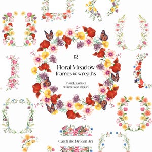 Clipart aquarelle de cadres de prairie - couronnes de fleurs sauvages champ cadre floral fleurs délicates écusson papillon baby shower bohème invitation de mariage