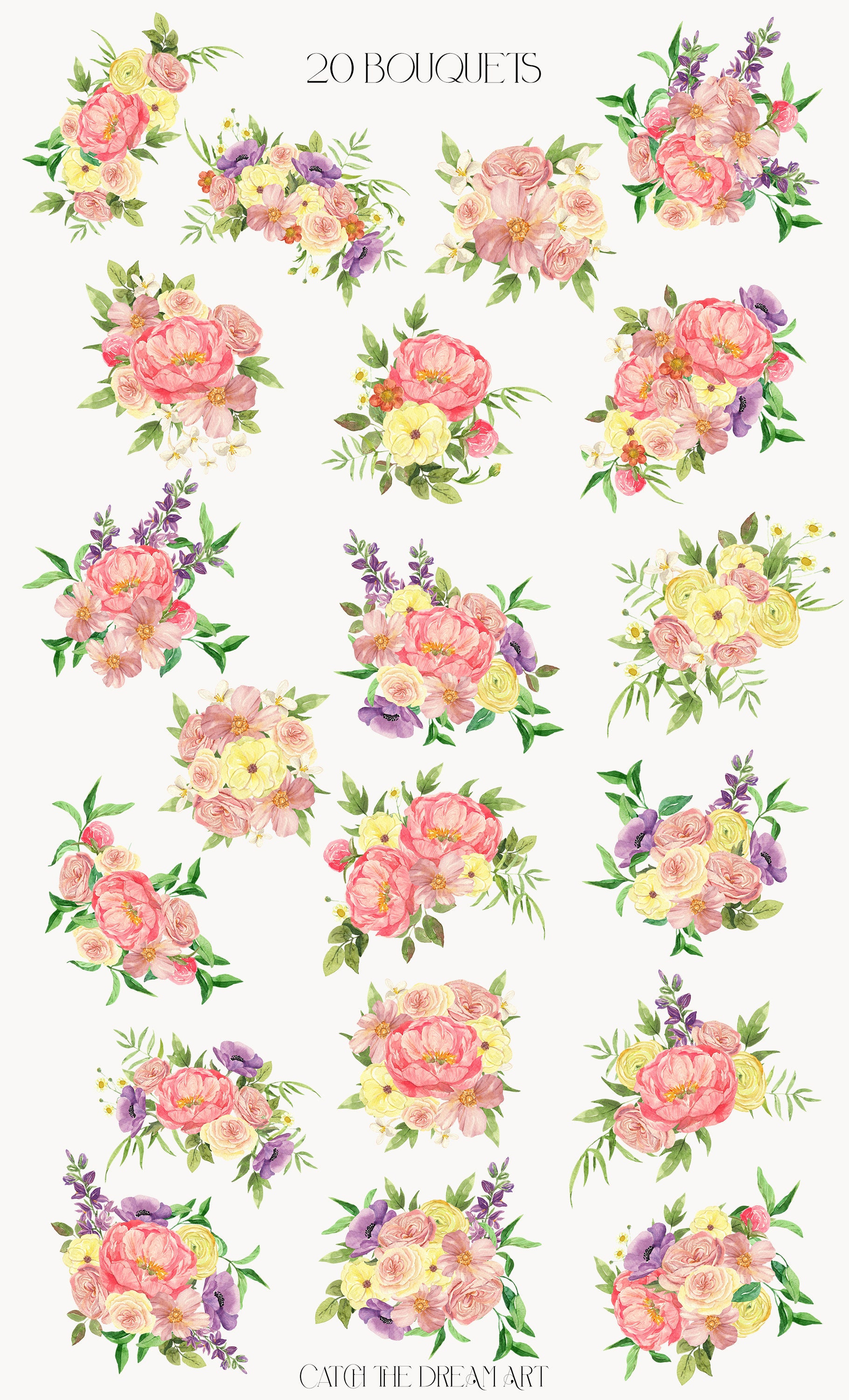 Watercolor Floral Clipart – Blush Pink Peony Bouquets (PNG, Digital ...