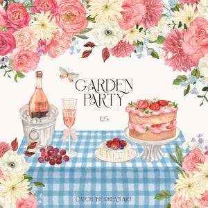 Clipart de acuarela para fiesta en el jardín: coqueta floral caprichosa, picnic de verano, brunch nupcial, pastel de Prosecco, marco de cinta, invitación de boda floral png