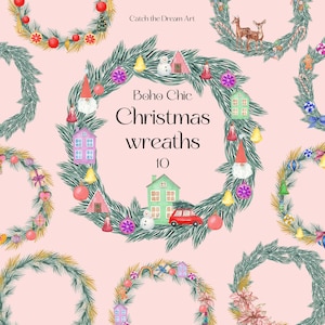 Süßigkeiten Pastell Weihnachtskränze Aquarell Clipart Boho Chic Wunderlich Winter Spielzeug Ornament Kiefer Fichte Weihnachtskranz Aufkleber Karte png