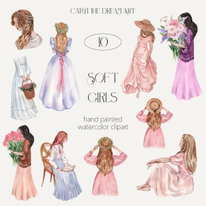 Soft Girl Watercolor Clipart - Coquette Cottagecore Romantic Vintage Girls Blush Pink Dress Edwardian Women Digital Stickers Clip Art png