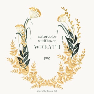 Aquarela Coroa de flores silvestres Clipart Ouro Verdura Florais selvagens Coroa de samambaia Ervas Moldura Elegante Clip Art Chá de panela Convite de casamento png
