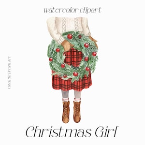 Clipart de aquarela de menina de Natal Menina vintage com guirlanda de abeto de pinheiro perene Feliz inverno Clip Art Cartão de felicitações de Natal png