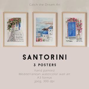 Affiches de Santorin aquarelle clipart imprimable - art mural aquarelle méditerranéen Grèce paysage bougainvilliers carte Dolce Vita impression bricolage