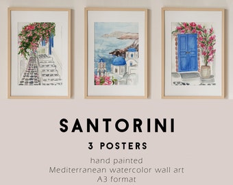 Santorini Watercolor Posters: Mediterranean Greece Art (Digital Download)
