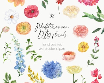 May include: A set of 32 hand-painted watercolor floral clipart images. The images include various flowers, such as roses, hydrangeas, poppies, and ranunculus, in shades of pink, yellow, blue, red, and orange. The text "Mediterranean DIY florals" is written in cursive at the top of the image.
