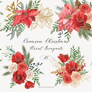 Carmesim Buquês Florais De Natal Aquarela Clipart Flor De Inverno Vermelho Poinsettia Amaryllis Spruce Verdura Botânico Casamento Cartão De Natal PNG