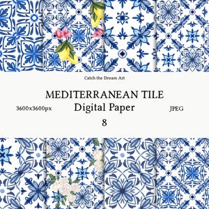 Clipart aquarelle de motifs méditerranéens - carrelage bleu citron papier numérique azulejos portugais motif transparent majolique mosaïque Scrapbook