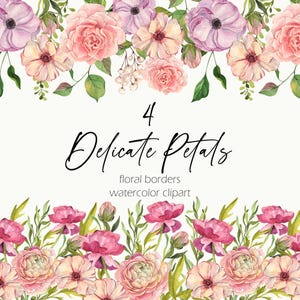 Clipart di bordo floreale ad acquerello - Modello di bordo senza soluzione di continuità con petali rosa, ranuncolo pesca, rosa bianca, goccia floreale, doccia nuziale png