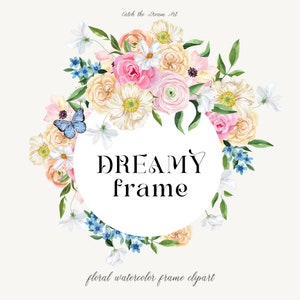 Dreamy Pastel Floral Frame Aquarelle Clipart Téléchargement numérique Irisé Rose Peachy Baby Blue Flowers Frame Bridal Wedding Invitation png