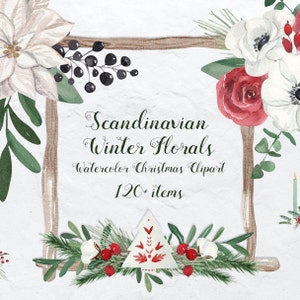 Aquarelle florale d'hiver scandinave Noël Clipart fleurs d'hiver couronnes de feuilles persistantes Hygge ornements en bois motifs carte de Noël png