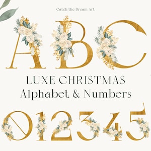 Gold Alphabet & Zahlen Winter Florals Aquarell Clipart Luxe Weihnachten Buchstaben Monogramm Poster Hochzeit Typografie Sublimation Clip Art png