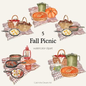 Aquarel herfst picknick clipart - herfst buiten picknick pompoentaart paddenstoelen mand oogstfeest boerenmarkt stickers illustraties, png
