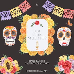 Dia de los Muertos Aquarell Clipart - Mexikanischer Tag der Toten Sugar Skulls Herbst Ringelblume Kürbis Feier Halloween Fiesta Clip Art png