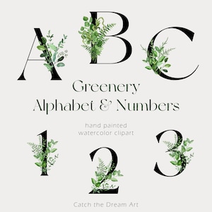 Watercolor Alphabet & Numbers Clipart Greenery Leaves Embellished Black Letters Eucalyptus Monogram Initial Poster Wedding Typography png