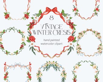 Vintage Winter Frames Watercolor Clipart - Victorian Christmas Floral Wedding Crest Frame Holly Ribbon Bow Baby Shower Invite Poster png